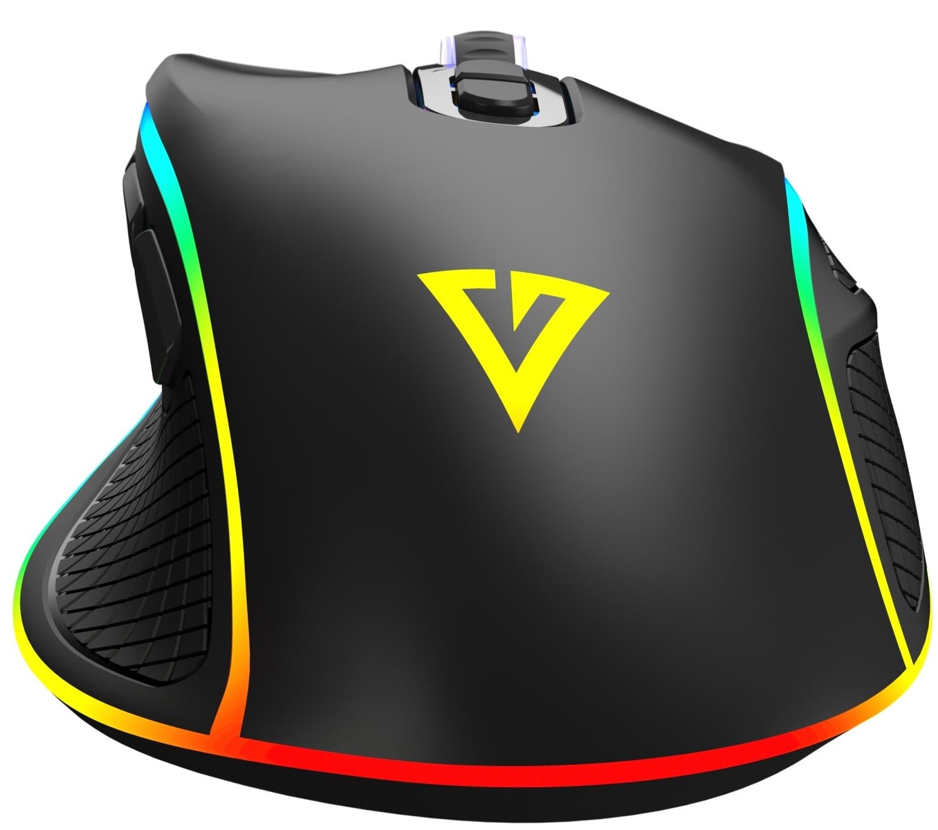 Czarna mysz do gier z kolorowymi światłami bocznymi i żółtym logo. Białe tło.