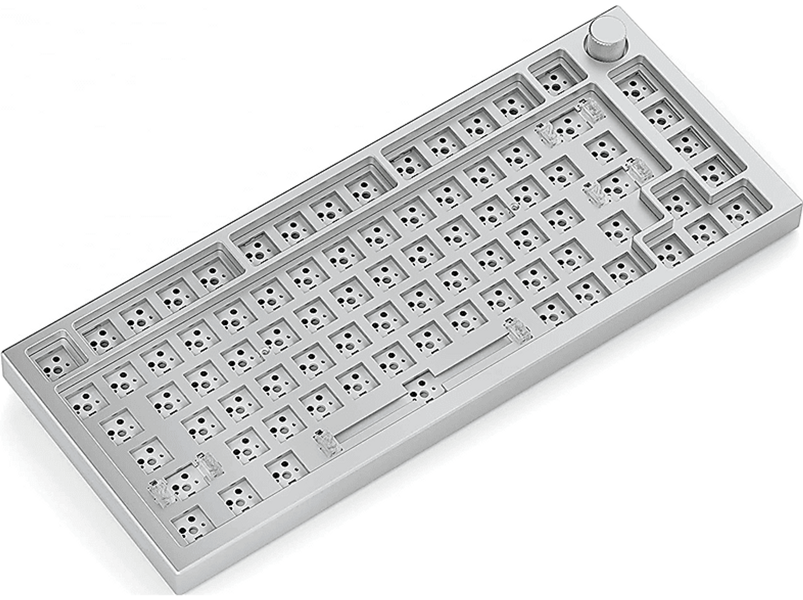 Silberner mechanischer Tastaturrahmen mit Schaltern, keine Tastenkappen installiert.