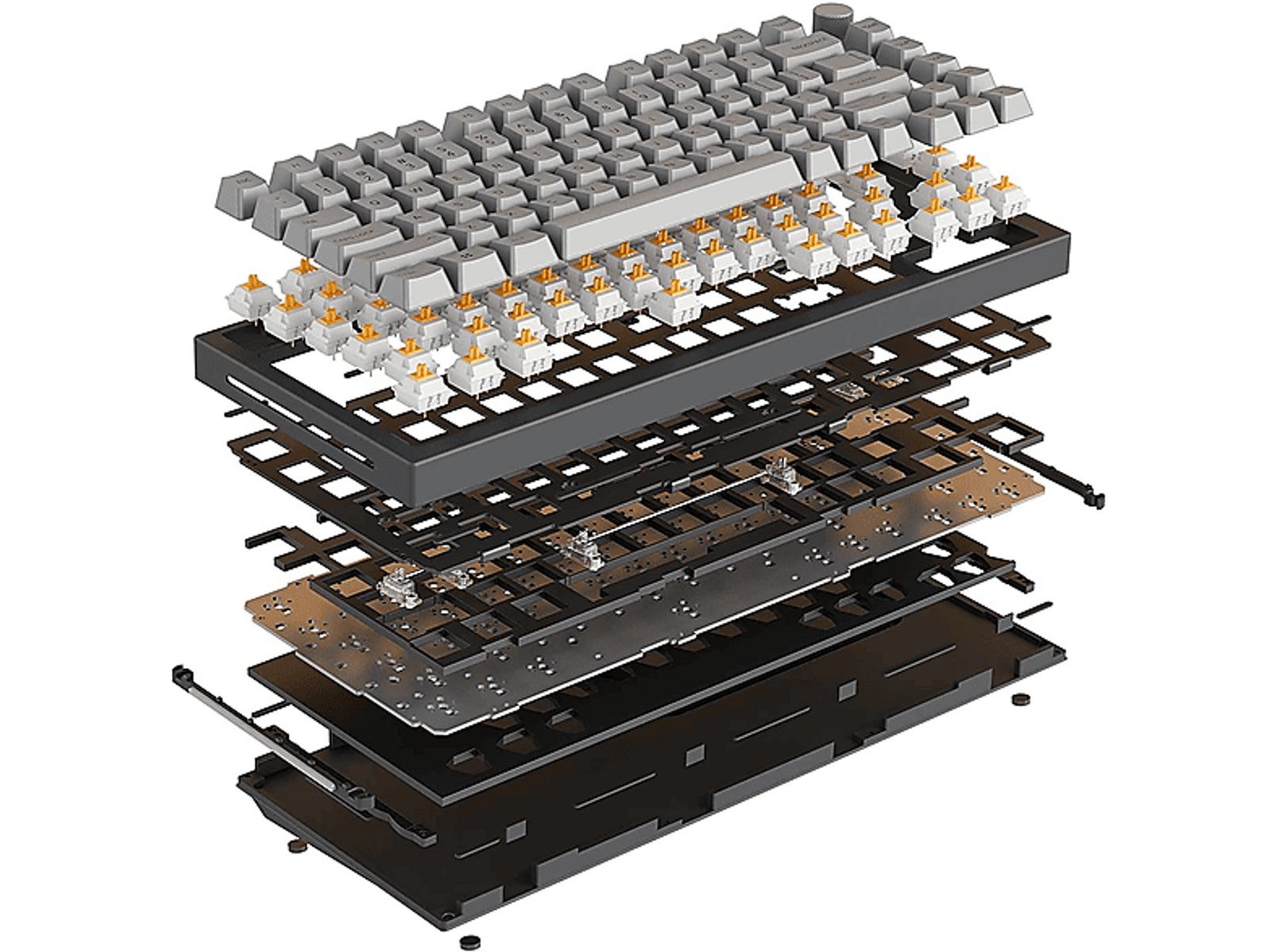 Zerlegte mechanische Tastatur mit Schichten von Komponenten, grauen Tasten und weißen Schaltern.