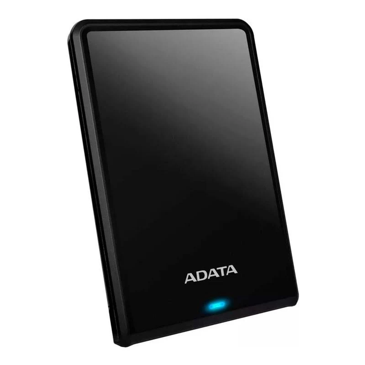Black ADATA external hard drive. Sleek, rectangular design with a blue LED indicator.
