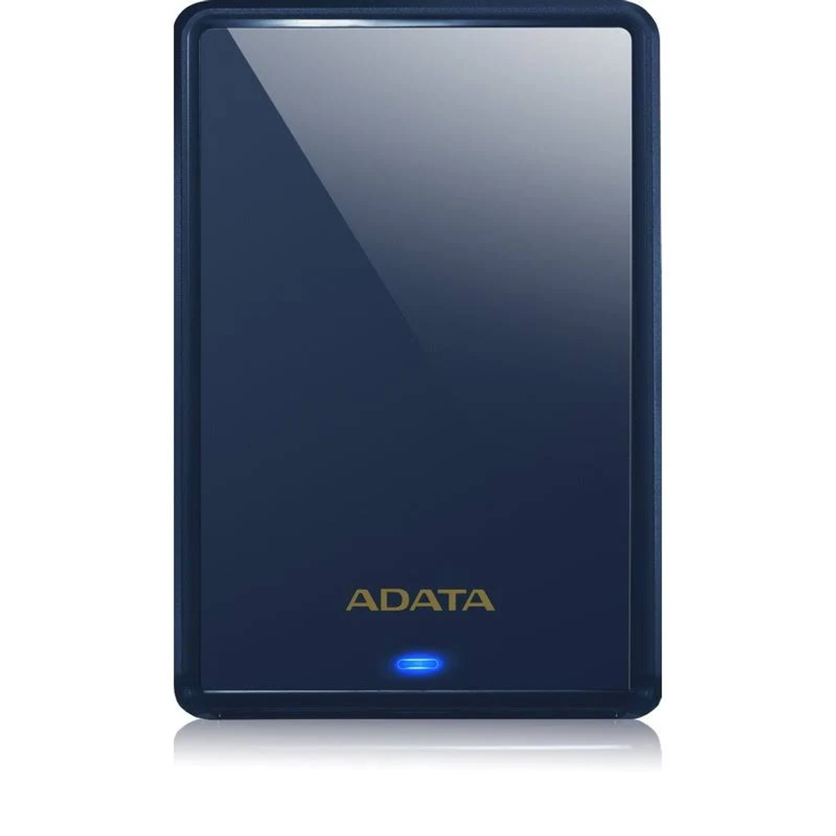 Navy blue ADATA external hard drive with a glowing blue light.