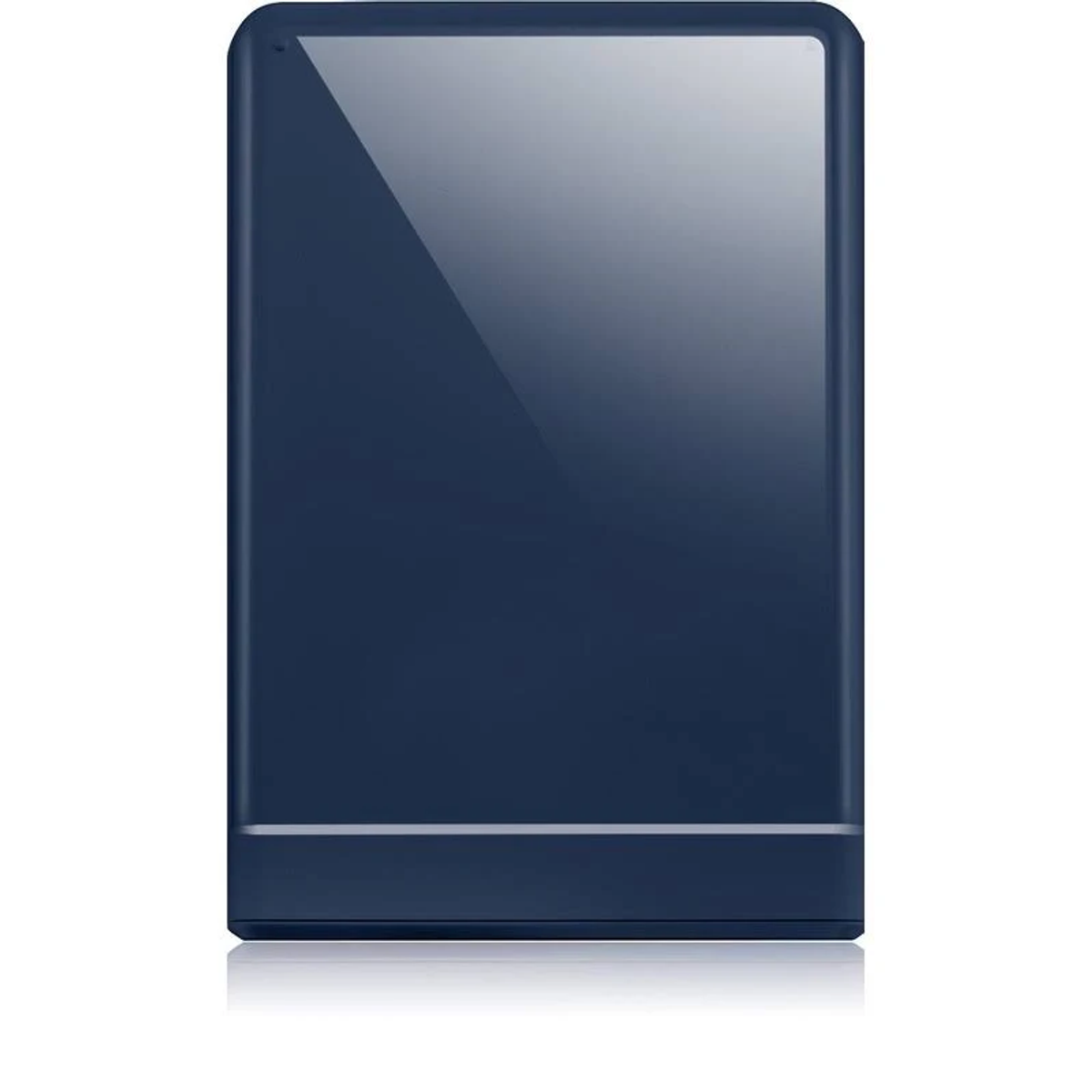 Dark blue, rectangular external hard drive. It has a glossy surface and a white line at the bottom.