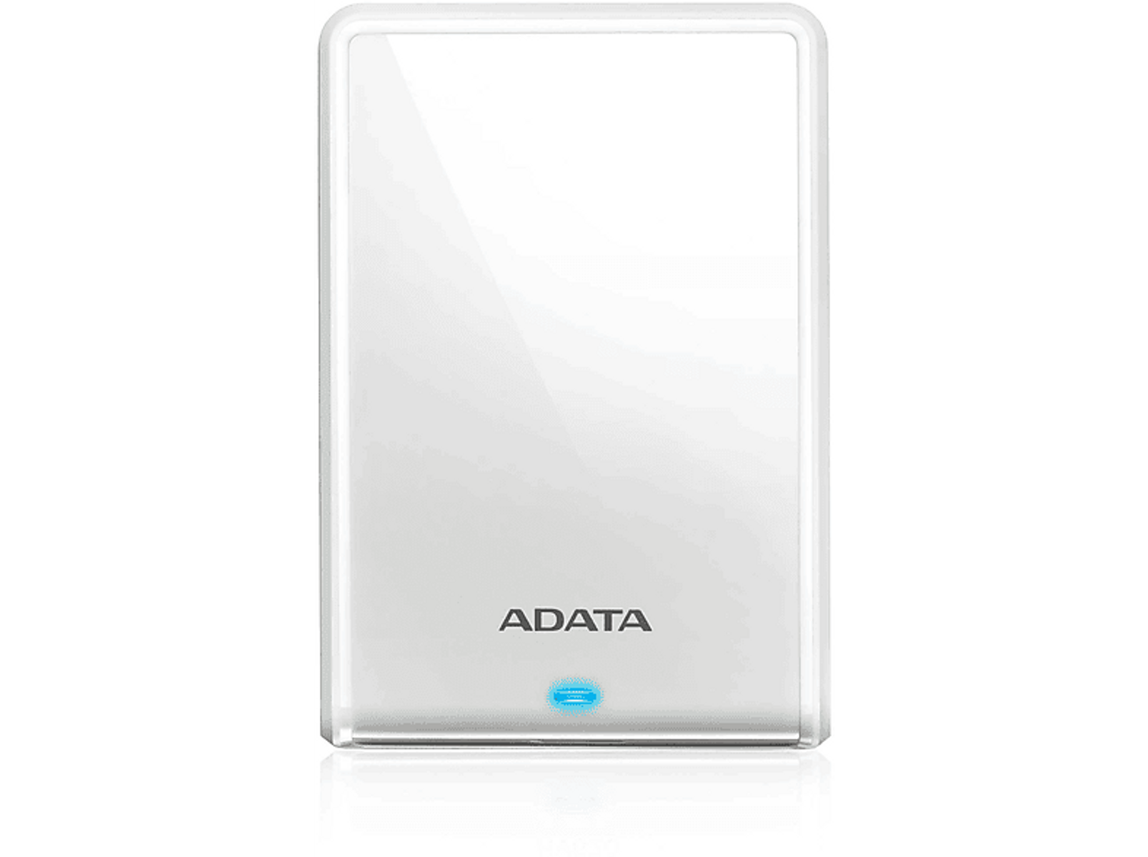A white ADATA external hard drive with a blue light.