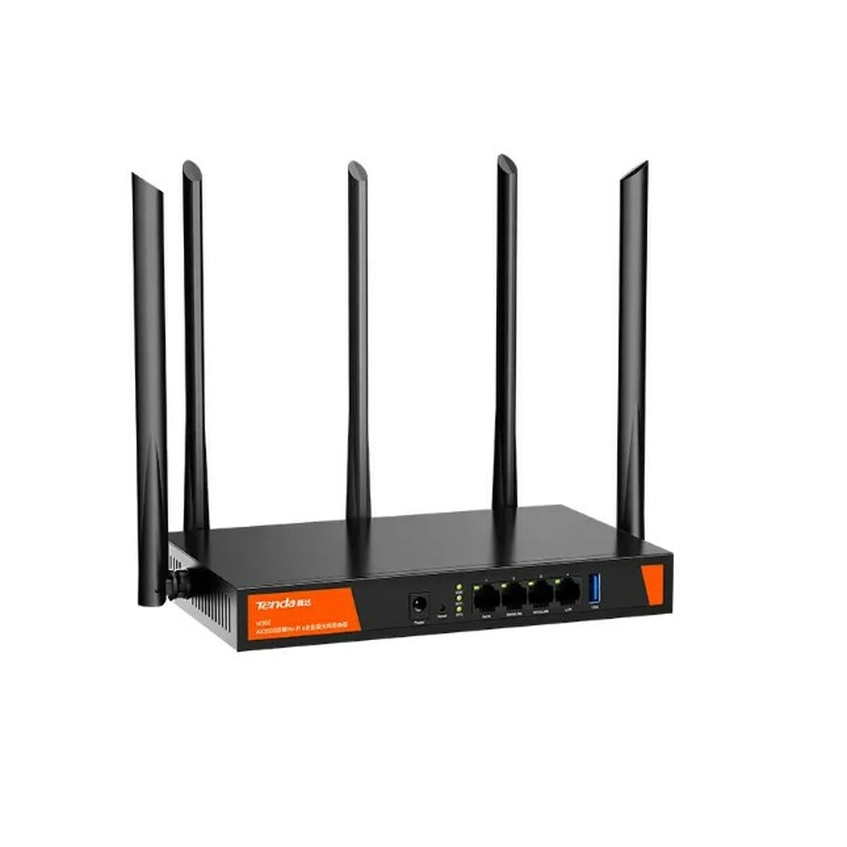 Schwarzer Router mit fünf Antennen. Er hat orangefarbenen Text und mehrere Anschlüsse hinten.