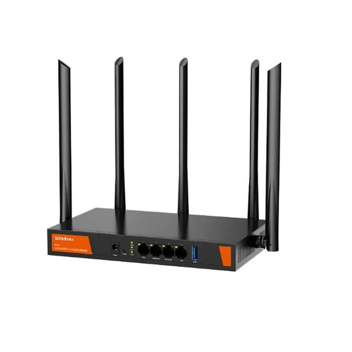 Schwarzer Router mit 4 Antennen. Er steht auf einer weißen Oberfläche.