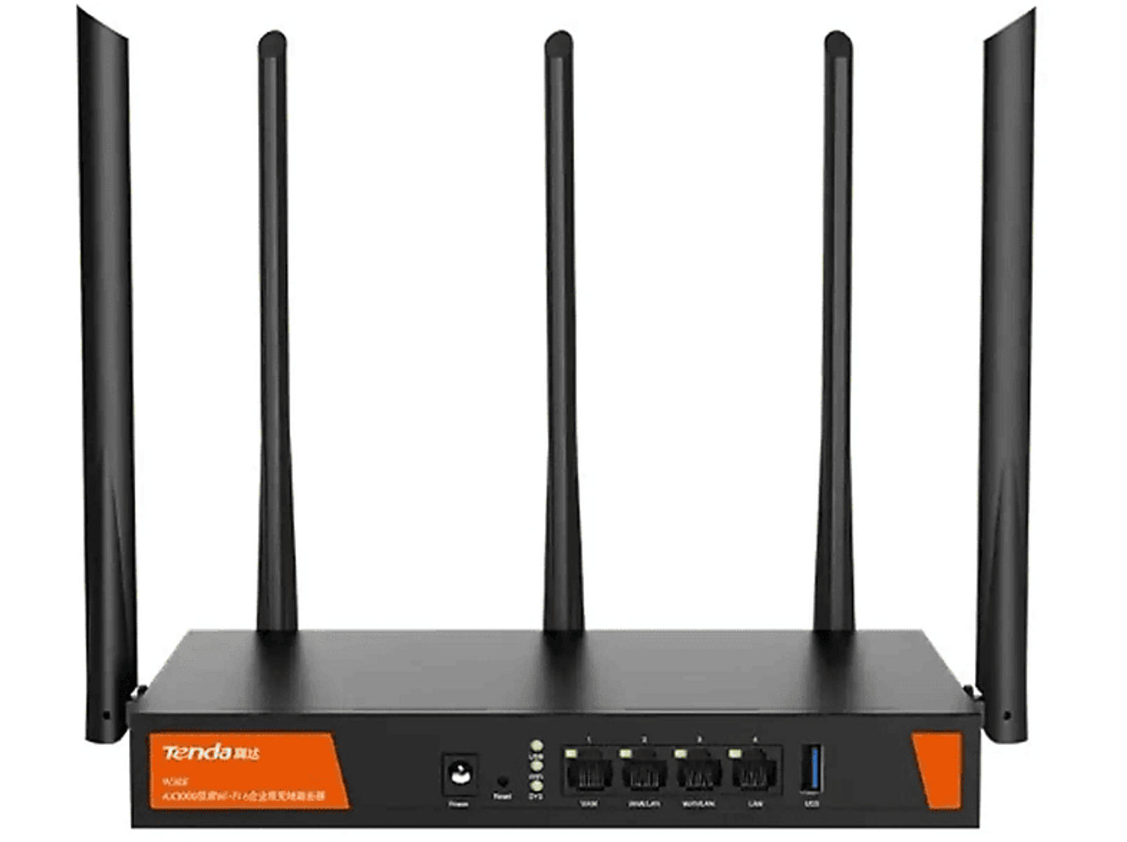 Ein schwarzer Router mit 5 Antennen. Er hat Anschlüsse und Lichter auf der Vorderseite. 'Tenda' ist darauf geschrieben.