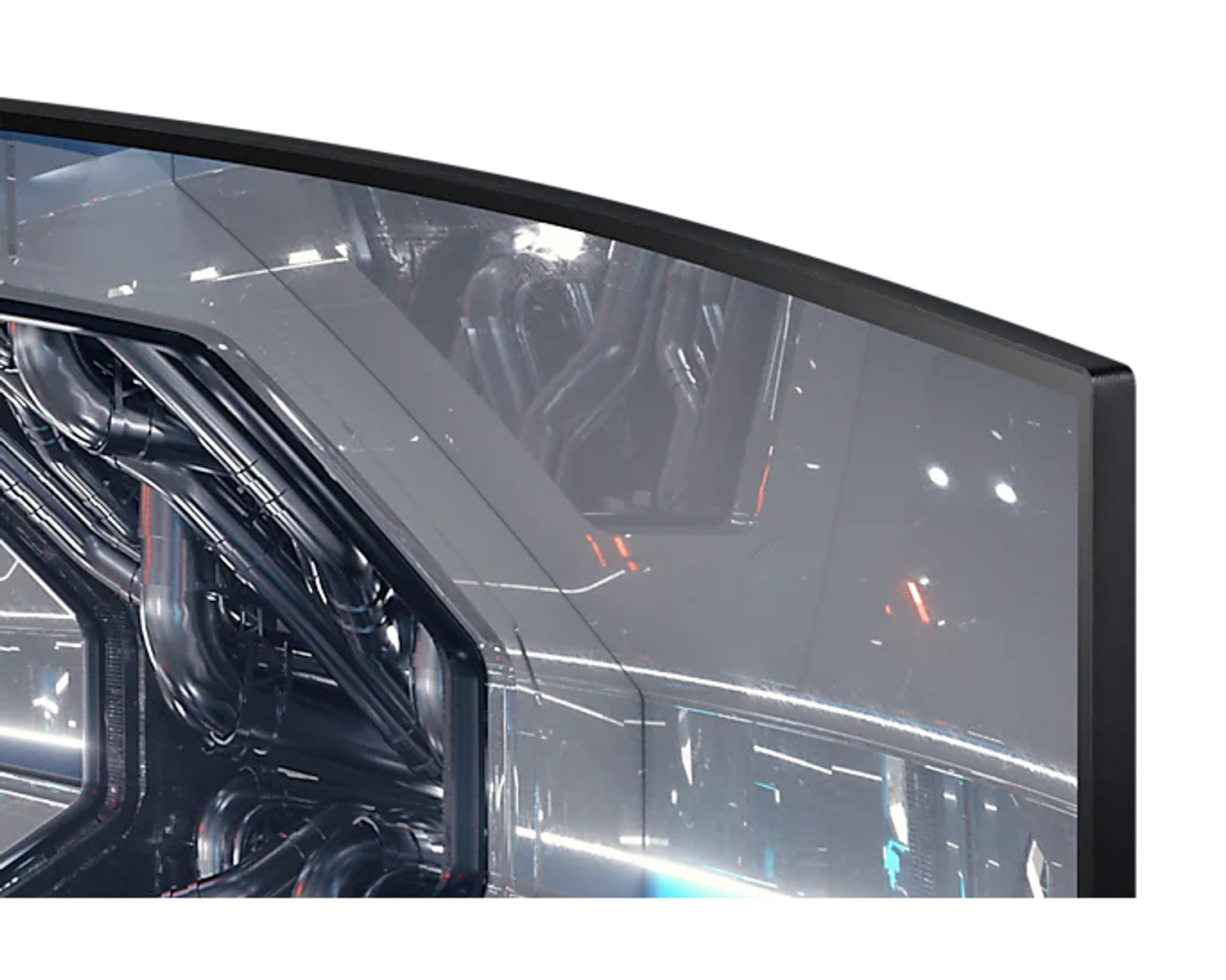 Nahaufnahme eines gewölbten Computermonitors, der ein futuristisches, metallisches Interieur zeigt.