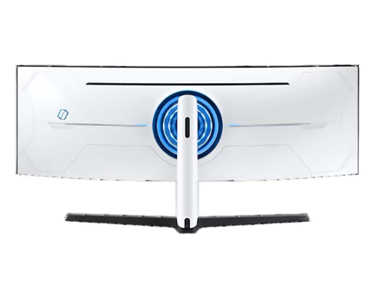 Weiße Monitorrückseite mit blauen kreisförmigen Details und einem Ständer.