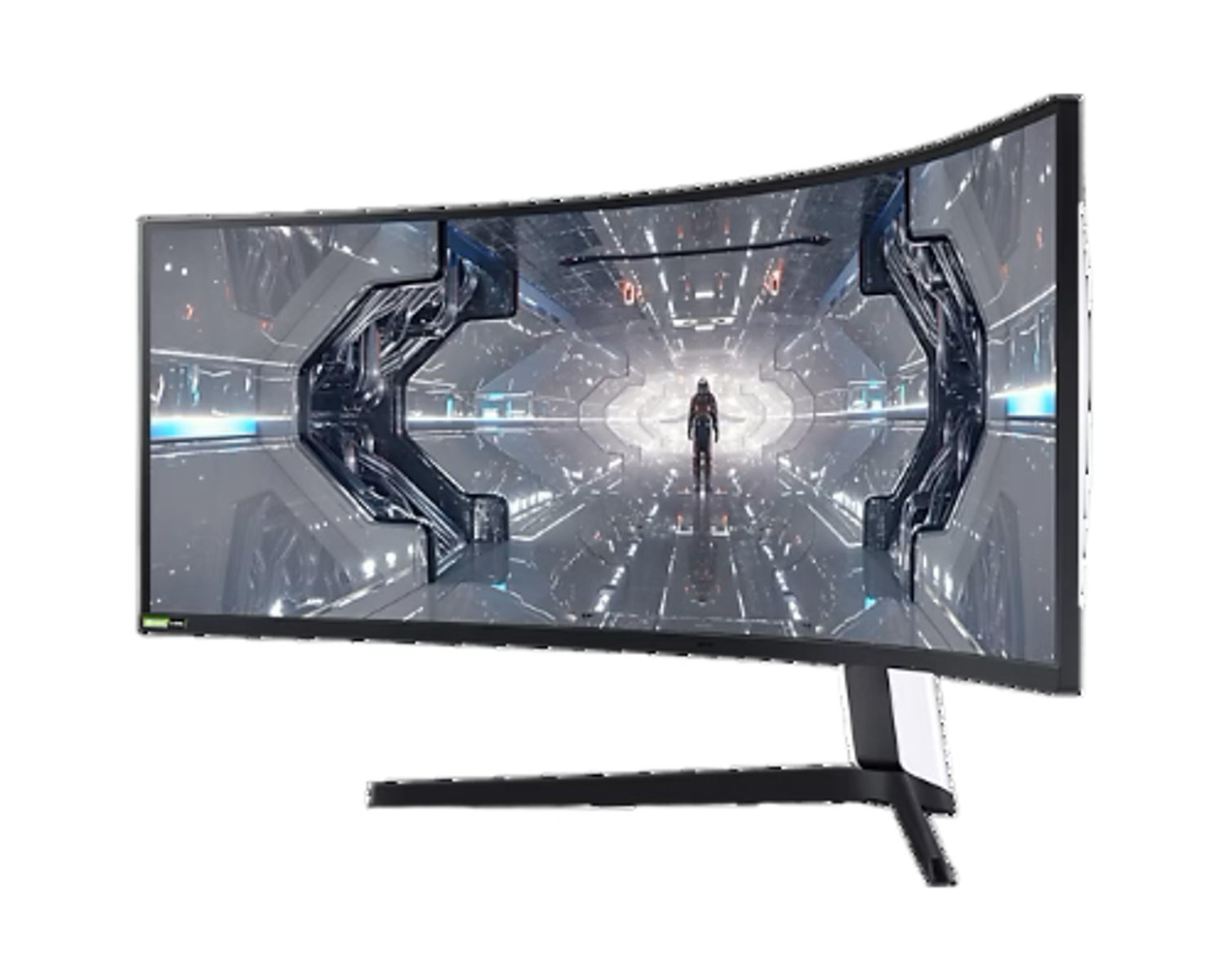 Gebogener Computermonitor mit futuristischer Weltraumszene. Der Monitor ist schwarz mit schwarzem Ständer.