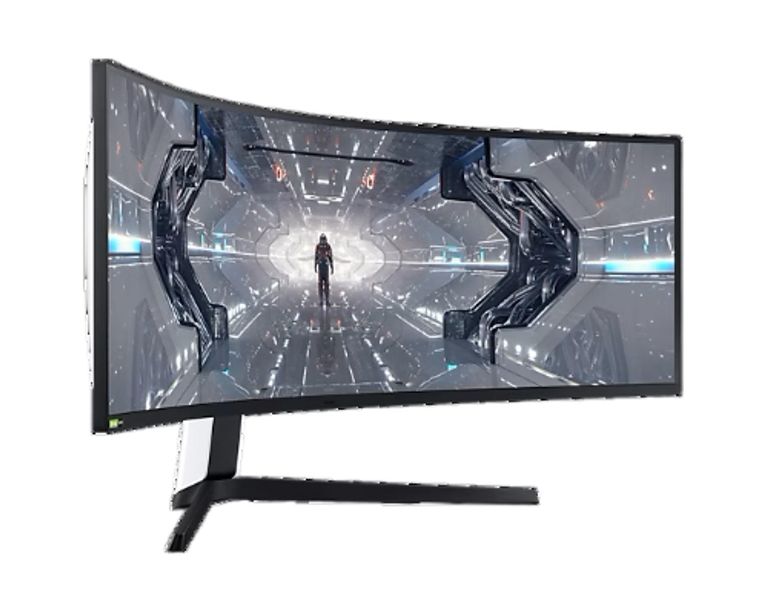 Gebogener Samsung Gaming-Monitor mit futuristischer Szene. Weißer Hintergrund.