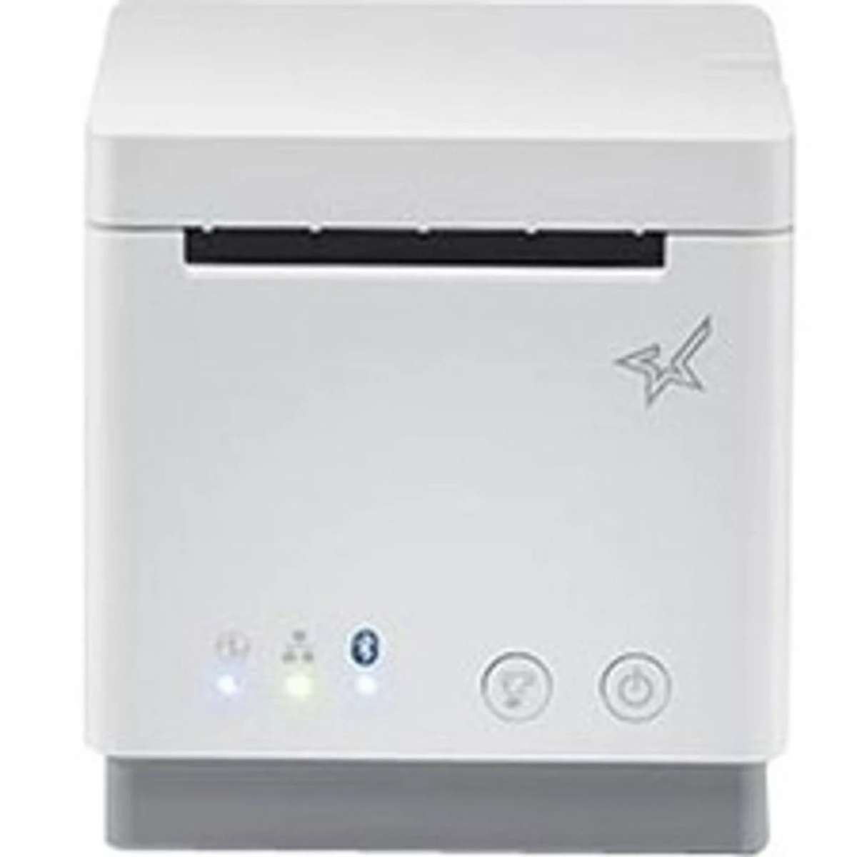 Ein weißer Thermodrucker mit grauem Sockel und Sternlogo auf der Vorderseite.