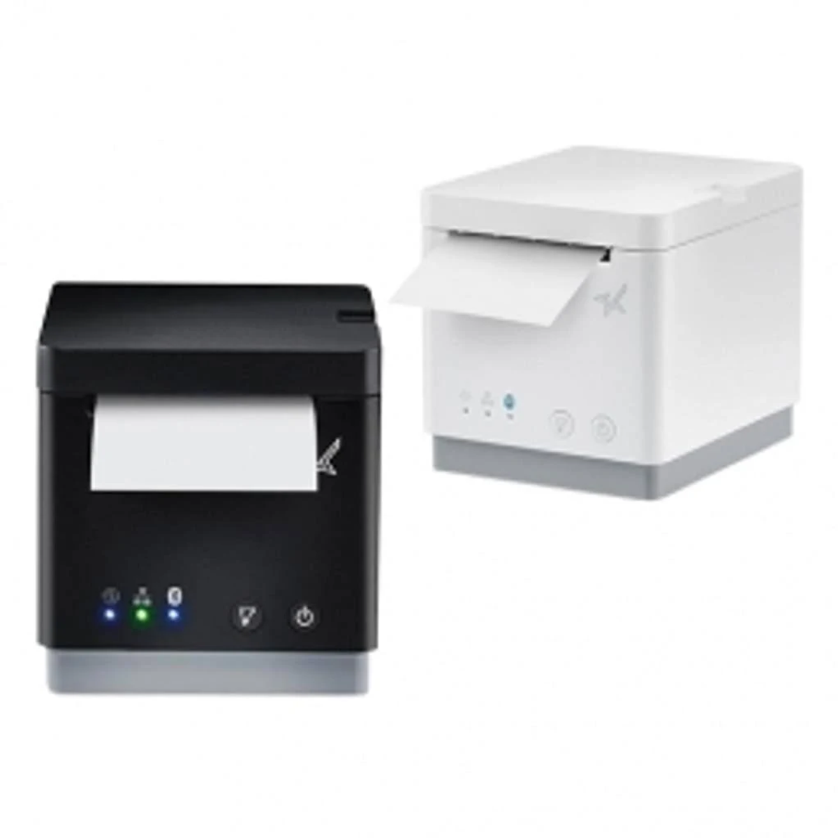 Zwei Thermodrucker, einer schwarz und einer weiß, aus denen Papier kommt.