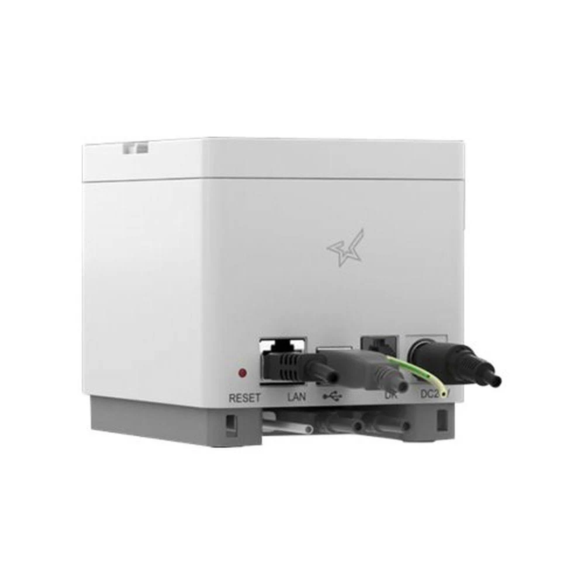 Weißer Router mit Anschlüssen, Rückansicht, weißer Hintergrund.