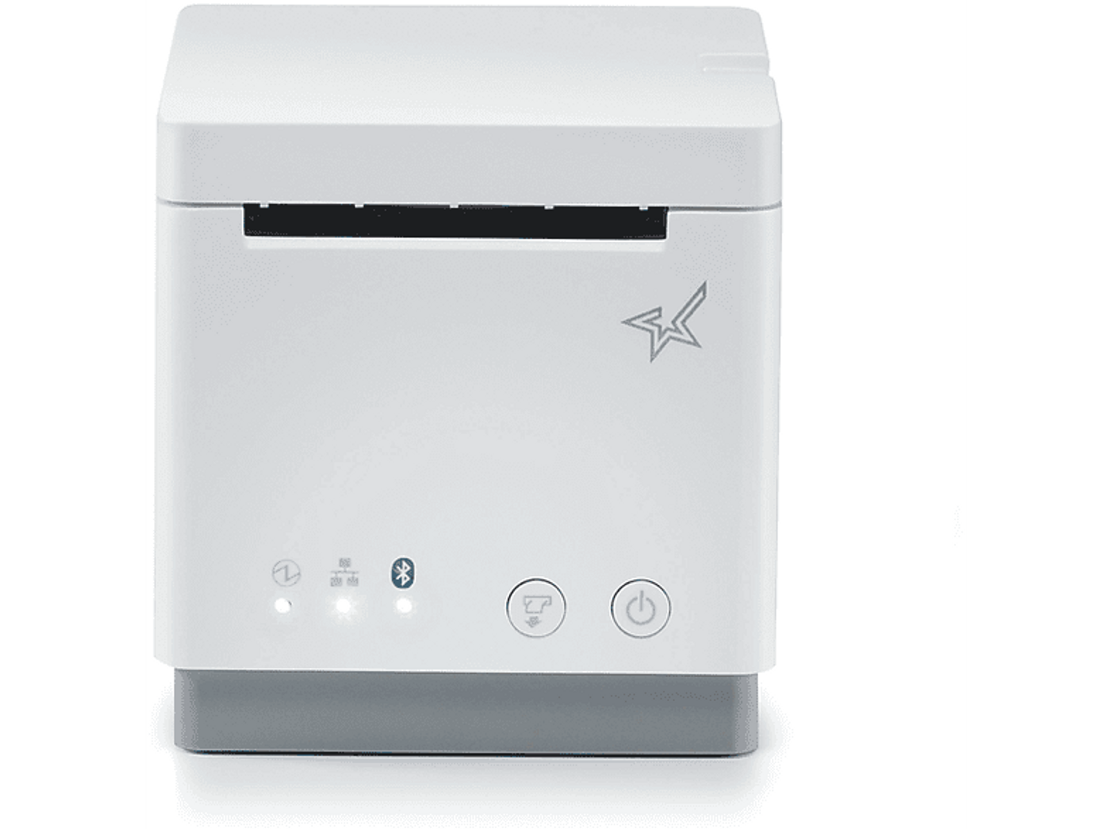 Weißer Thermodrucker, graue Basis. Hat einen Einschaltknopf, zwei Kontrollleuchten und ein Bluetooth-Symbol.