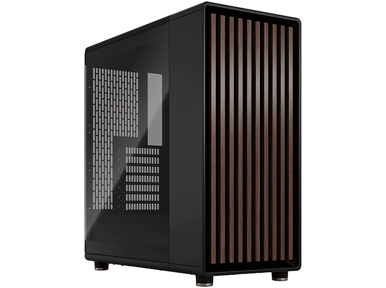 Zwarte computerkast met houten latten op het voorpaneel, een glazen zijpaneel en een eenvoudig ontwerp.