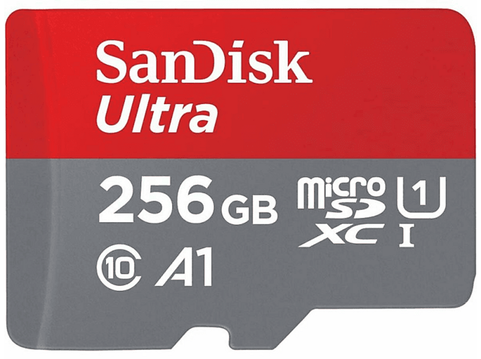SanDisk Ultra 256GB MicroSD-Karte, roter Deckel, grauer Körper. Weißer Hintergrund.