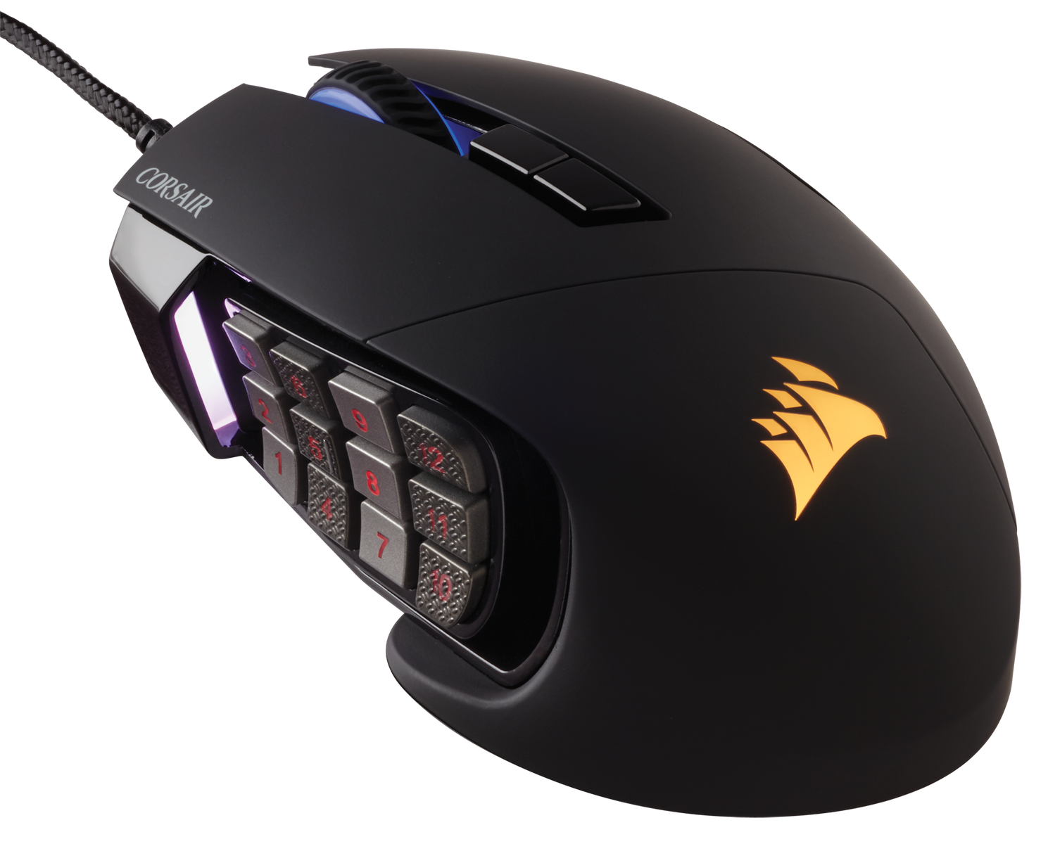 Mouse da gioco Corsair nero con pulsanti laterali e logo. Accenti e pulsanti rossi.