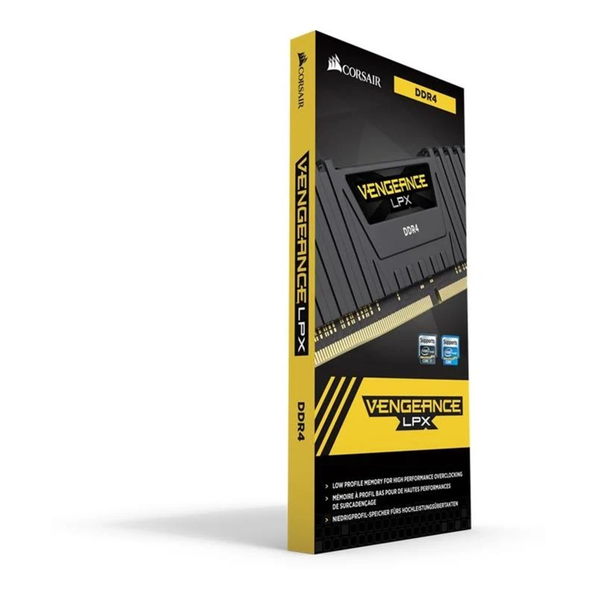 Opakowanie pamięci RAM Corsair Vengeance LPX DDR4. Pudełko jest żółto-czarne z tekstem i grafiką.