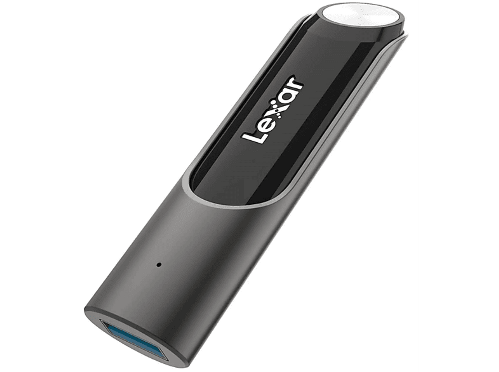 Chiavetta USB Lexar nera e argento. Ha un design elegante con il marchio Lexar.