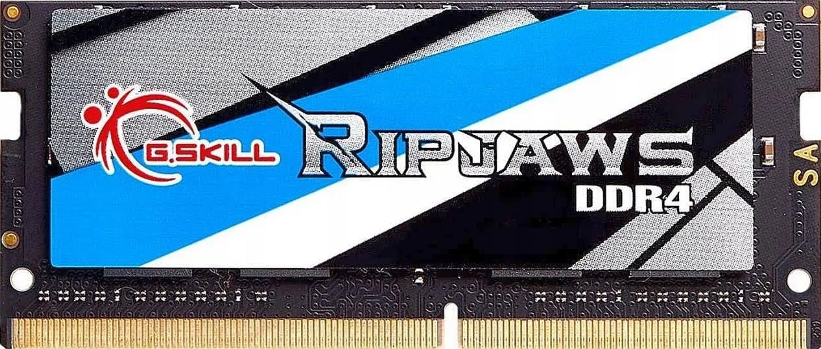 Mavi ve beyaz tasarımlı siyah RAM çubuğu, G.Skill logosu. Metin: Ripjaws DDR4. Altta altın konektörler.