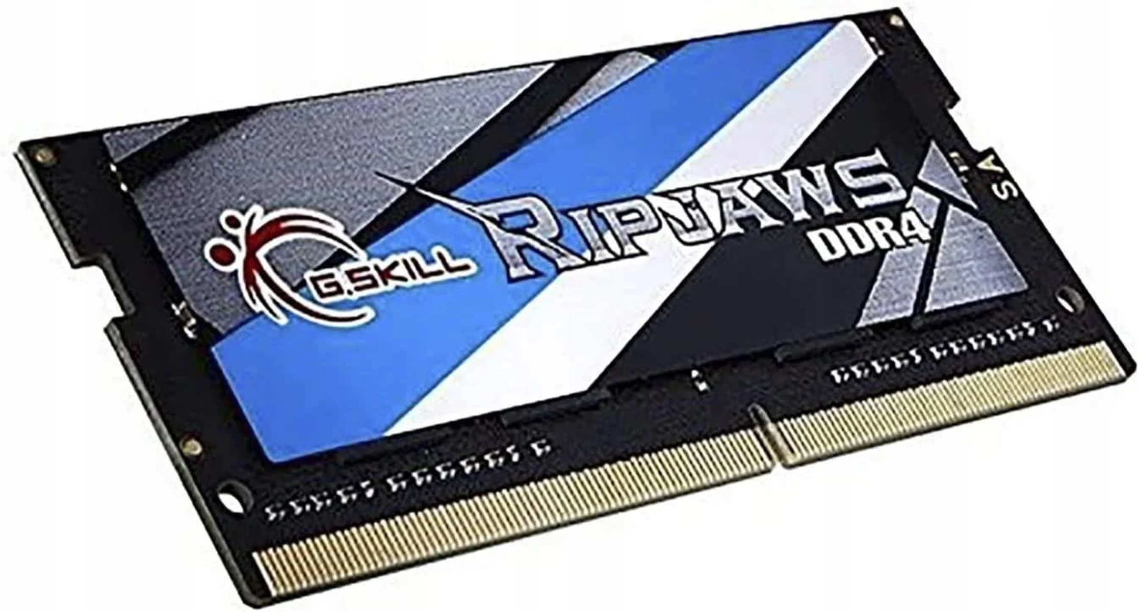 Mavi ve siyah tasarımlı G.Skill Ripjaws DDR4 RAM çubuğu, beyaz zemin.