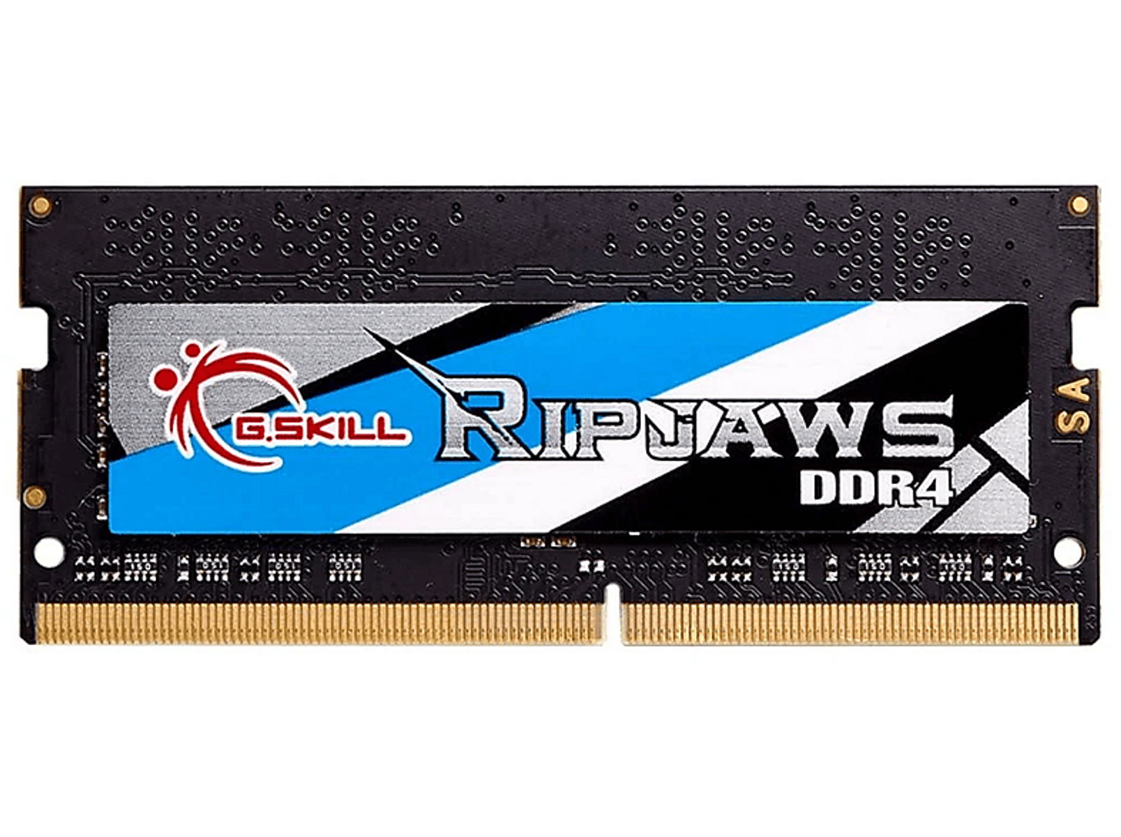 Siyah ve mavi etiket üzerinde G.SKILL RIPJAWS DDR4 markalı RAM modülü, siyah devre kartı.