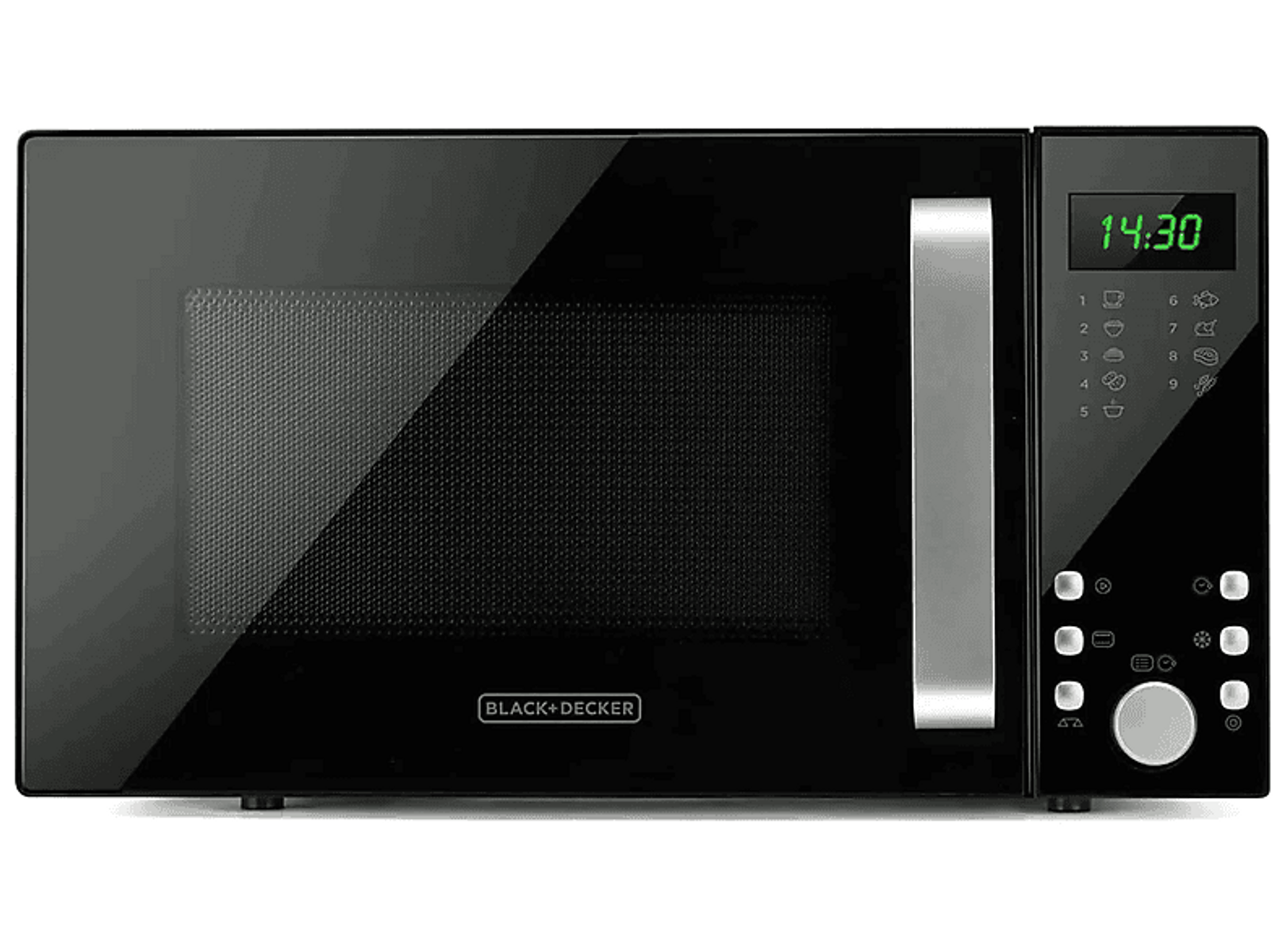 Czarna kuchenka mikrofalowa z cyfrowym wyświetlaczem pokazującym 14:30, na białej powierzchni.