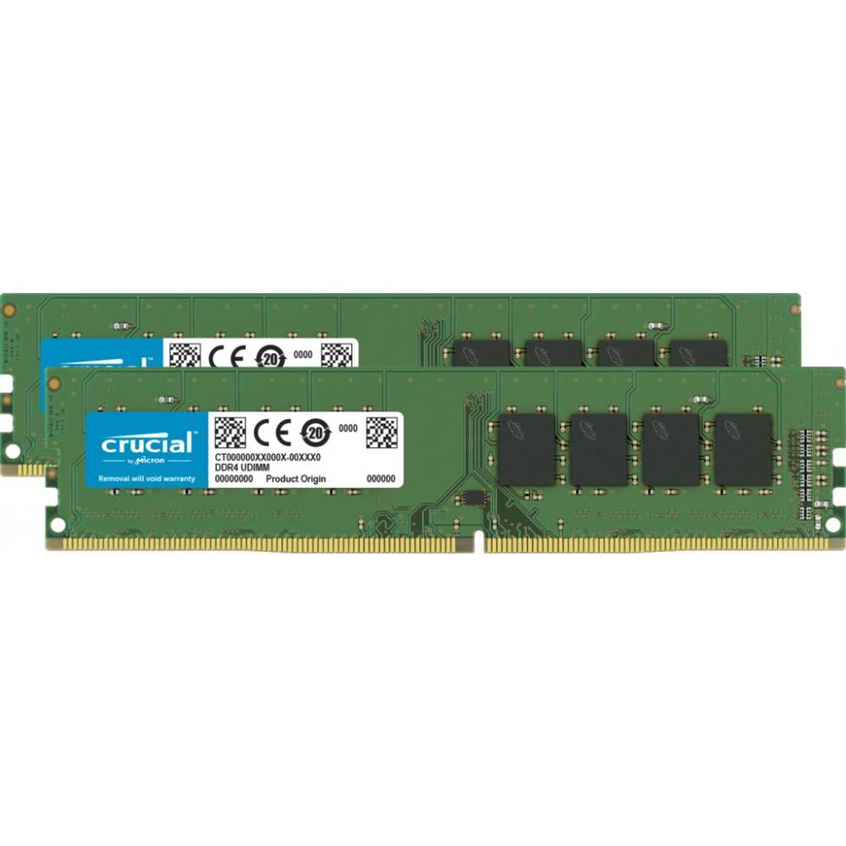 Zwei Crucial DDR4 UDIMM RAM-Riegel. Grüne Leiterplatten mit Etiketten. Weißer Hintergrund.