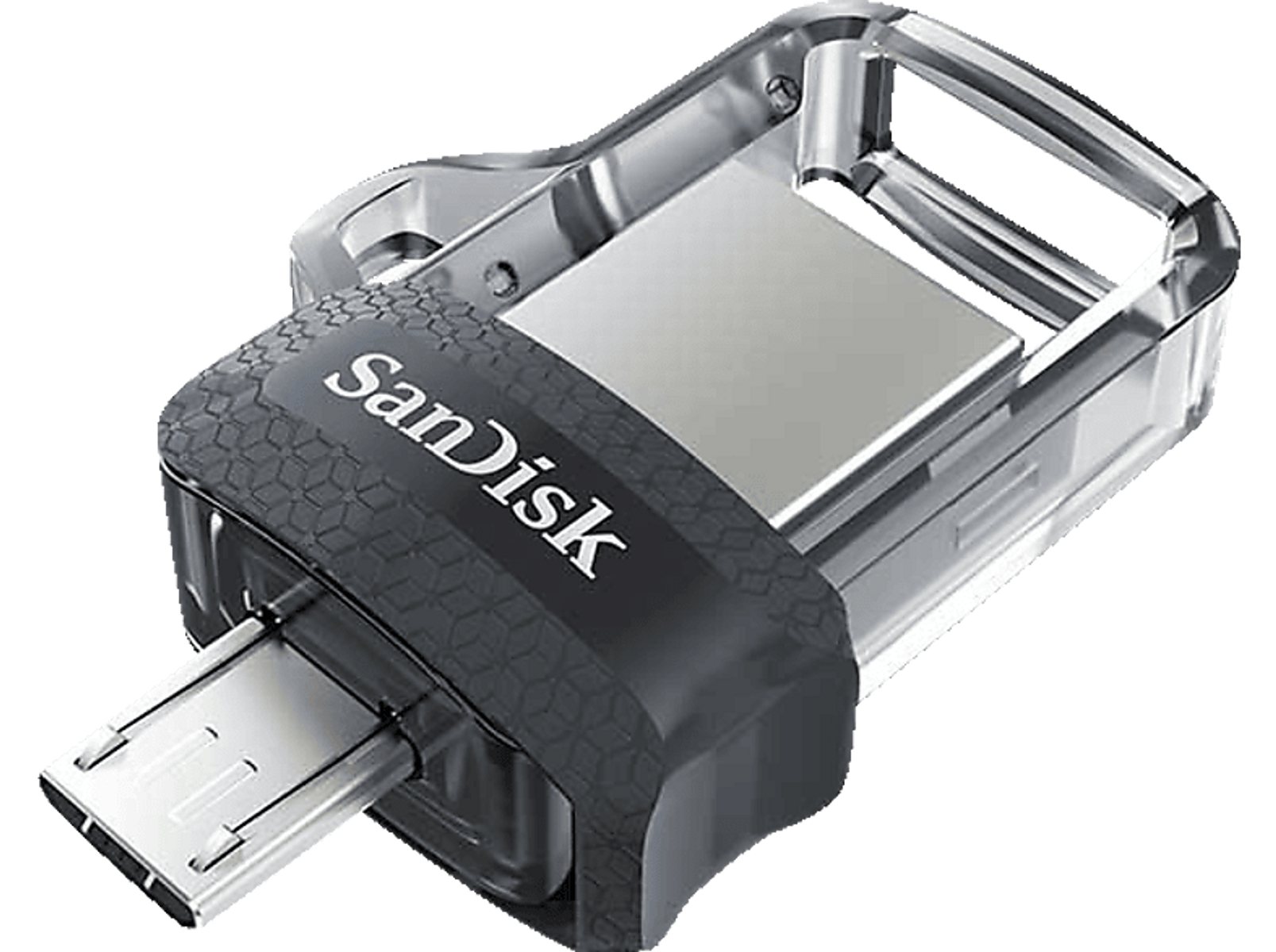 Dysk USB Sandisk. Czarna i przezroczysta obudowa z tworzywa sztucznego. Białe tło.