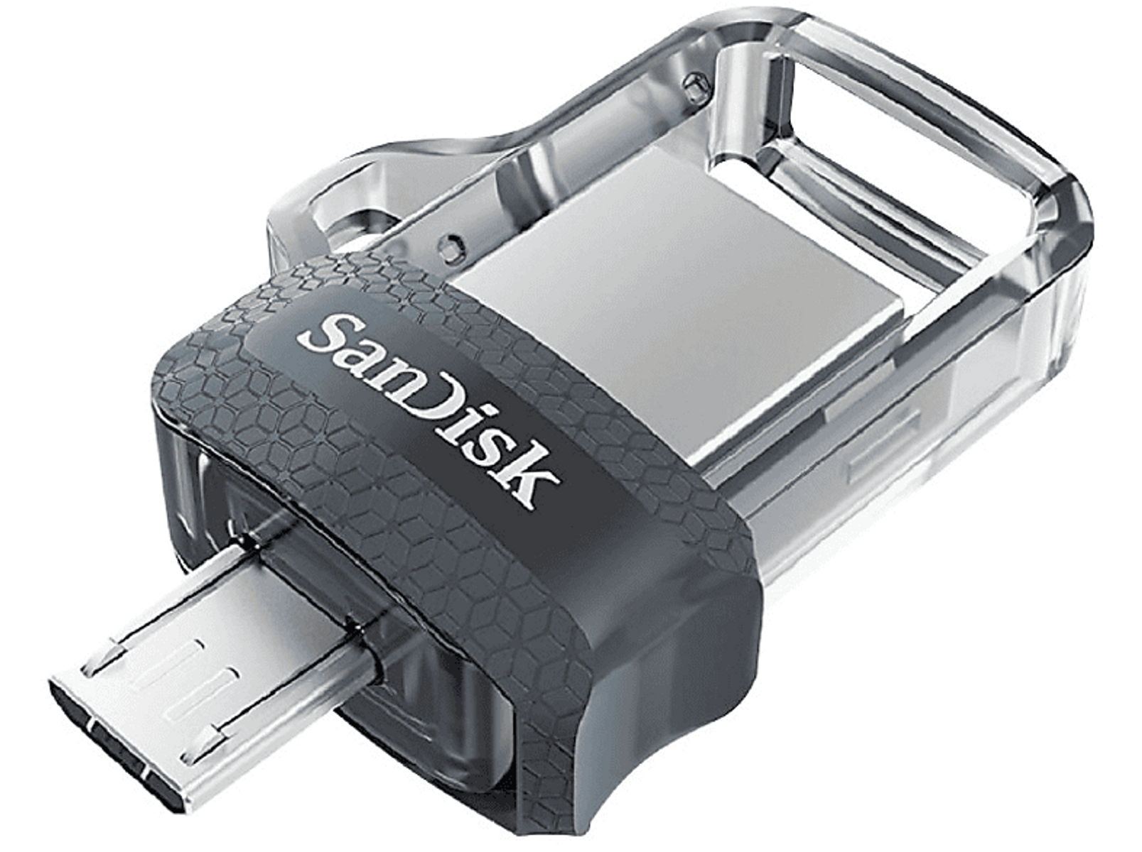 Przezroczysty i srebrny pendrive SanDisk z czarnym, teksturowanym uchwytem.