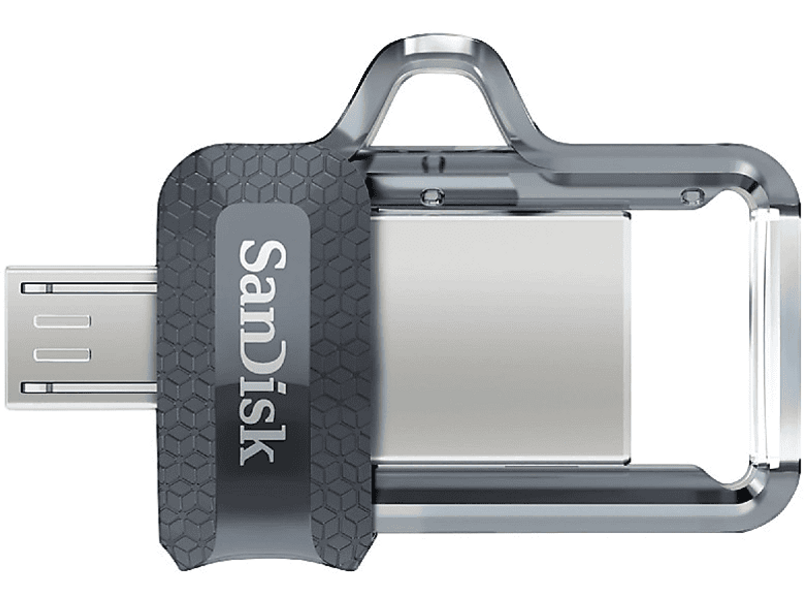 Szary pendrive SanDisk USB. Posiada złącze USB i micro USB.