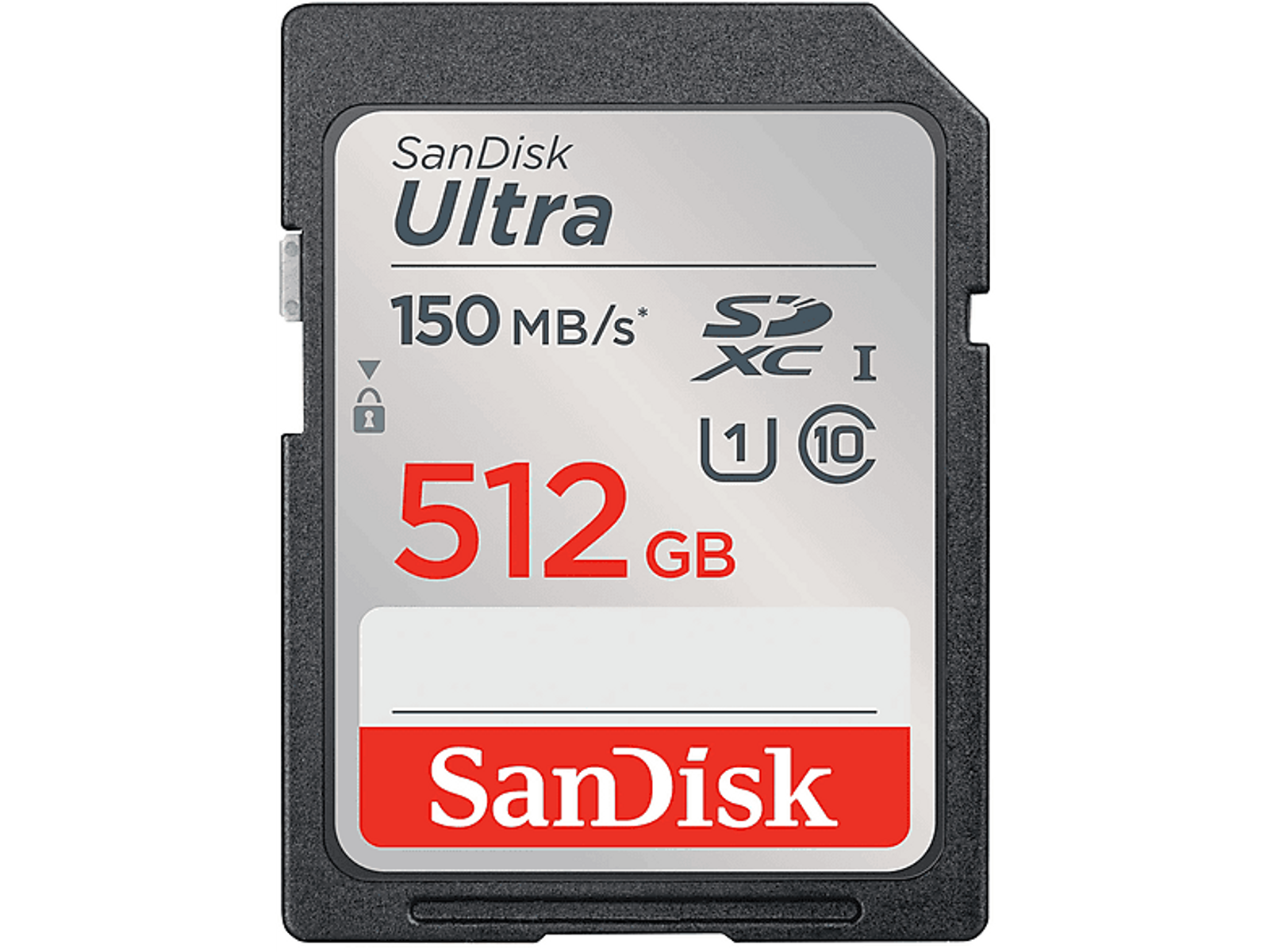 Sandisk Ultra 512 GB SD-Karte. Rotes und weißes Etikett mit Text und Symbolen. Schwarzer Rahmen.