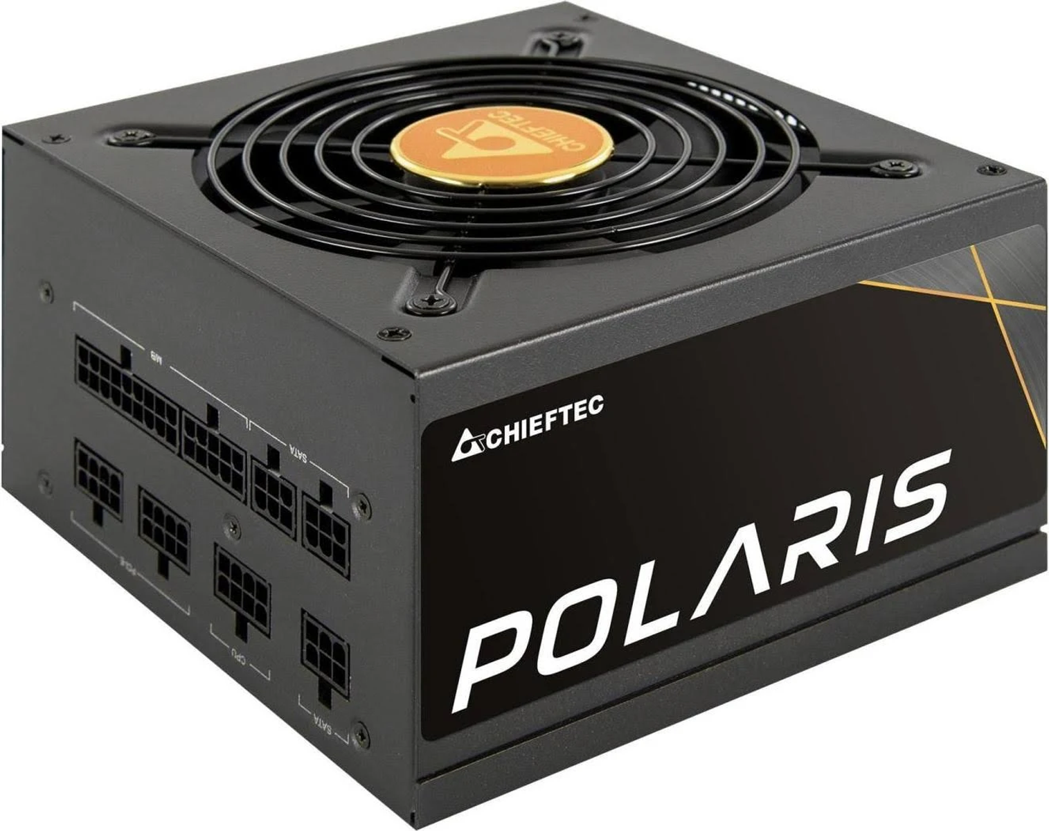 Un alimentatore Chieftec Polaris nero con ventola e testo, su bianco.