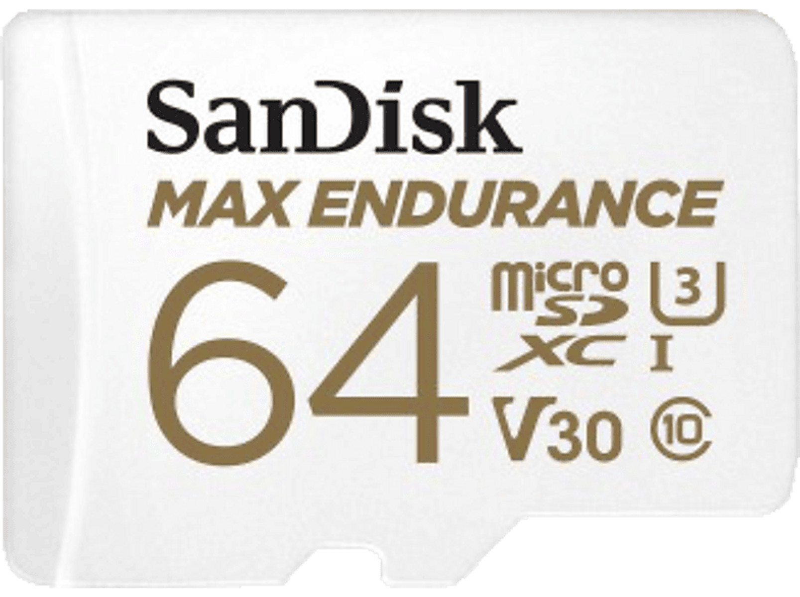 Karta microSD Sandisk 64GB Max Endurance. Tekst i logo widoczne na białym tle.