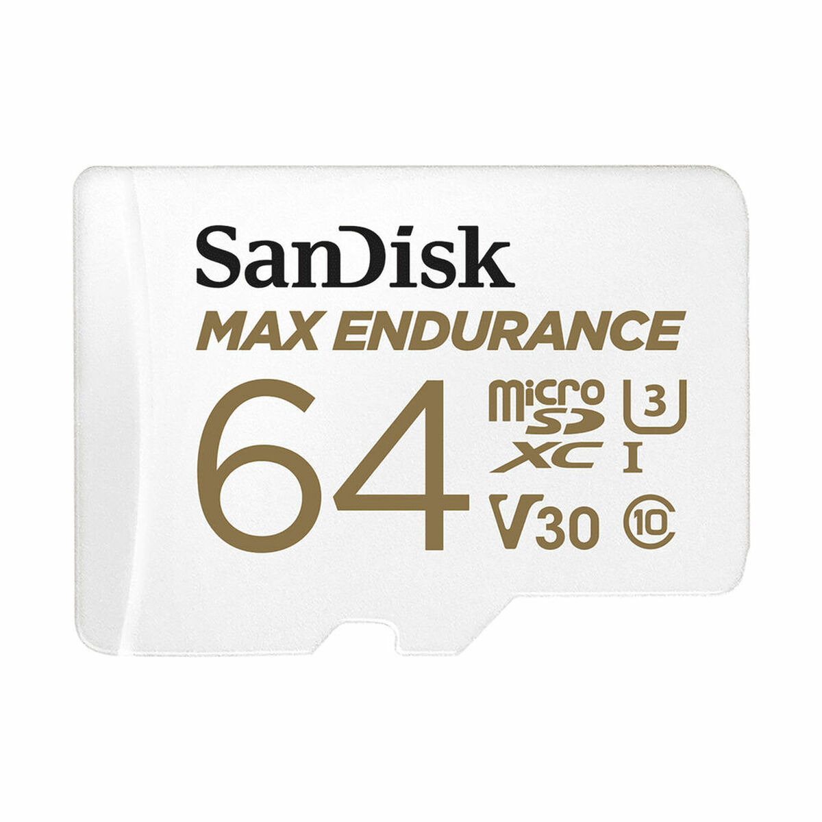 Biała karta microSD SanDisk z tekstem '64' i 'MAX ENDURANCE'.