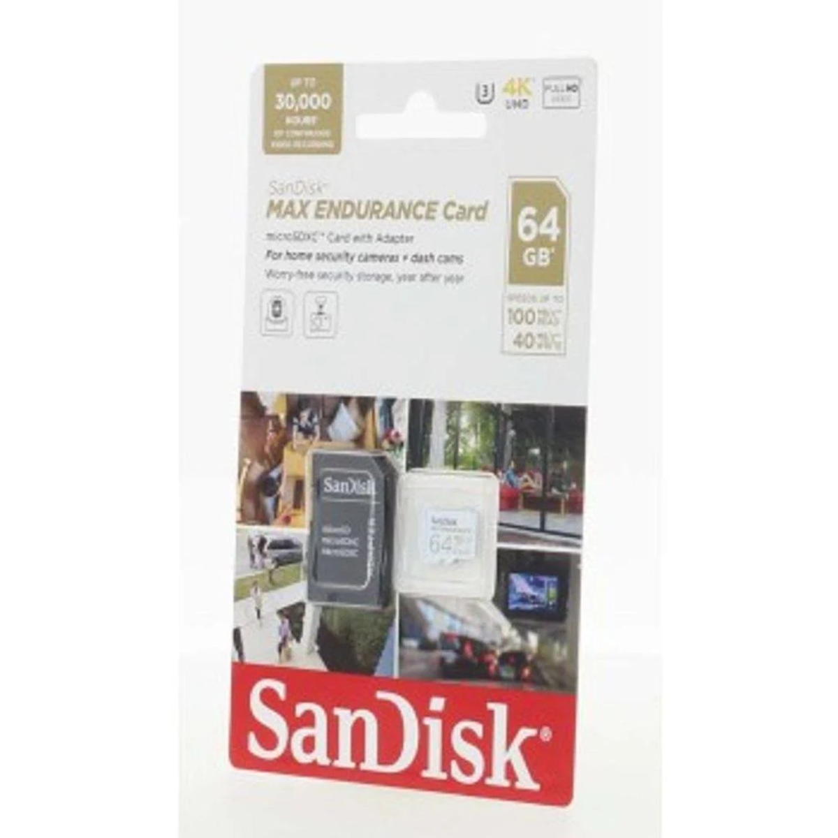 Opakowanie karty microSD SanDisk Max Endurance 64GB. Czarna karta, białe opakowanie ze zdjęciami i tekstem.
