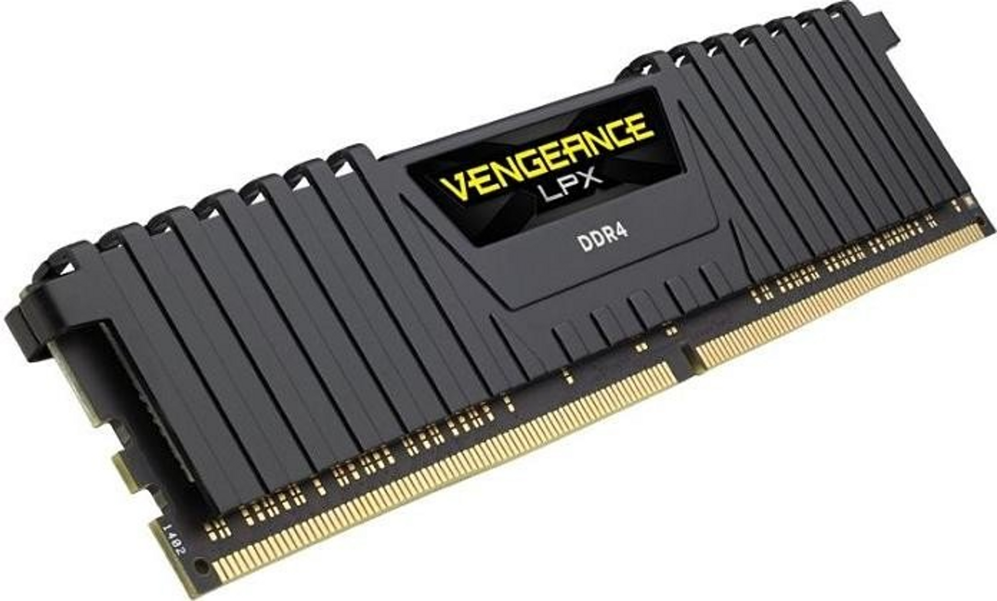 Czarny moduł RAM Corsair Vengeance LPX DDR4 ze złotymi napisami na białym tle.