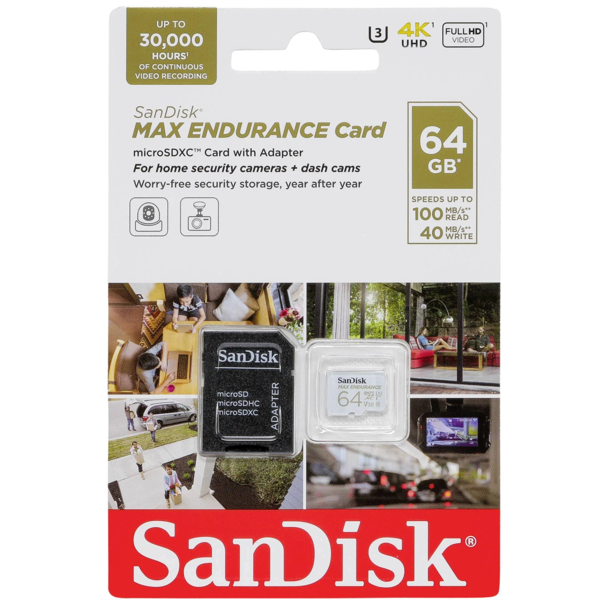 Opakowanie karty microSD SanDisk Max Endurance. Widoczna karta i adapter. Tekst podkreśla pamięć i nagrywanie.