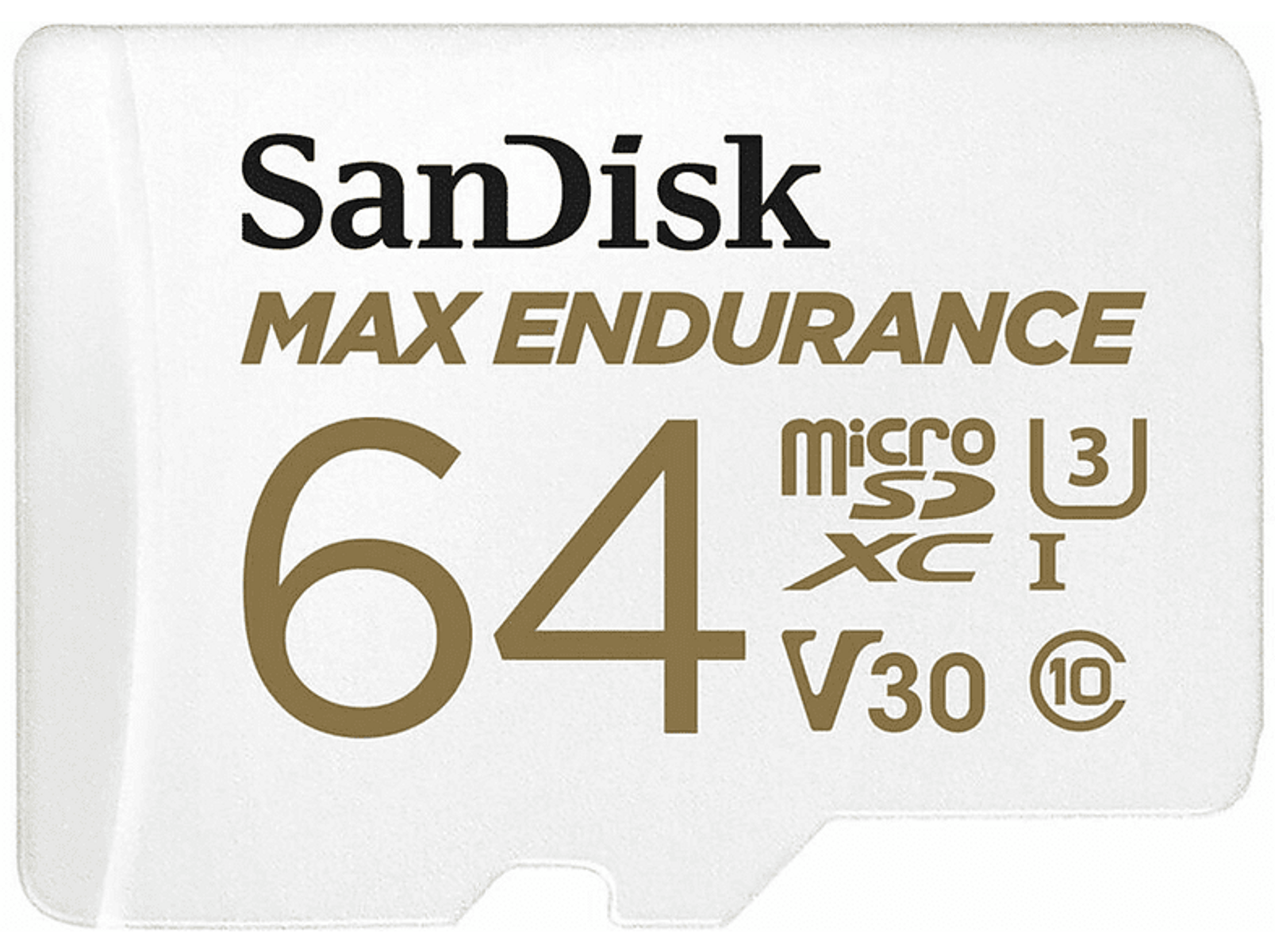 Karta SanDisk Max Endurance 64GB MicroSD. Biała karta ze złotym tekstem.