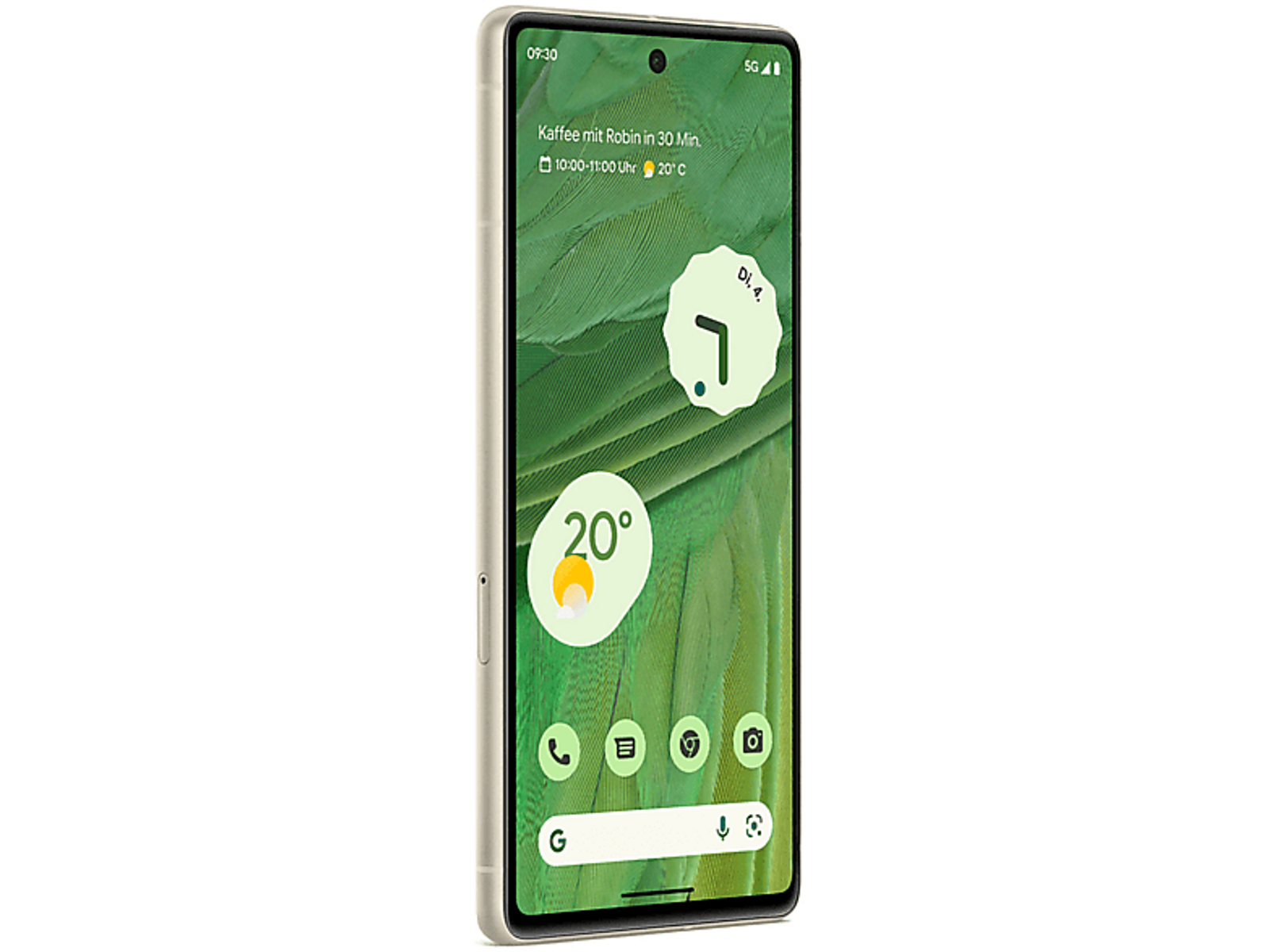 Smartfon jest wyświetlany na stojaku, pokazując zielono-białą tapetę w wzory.