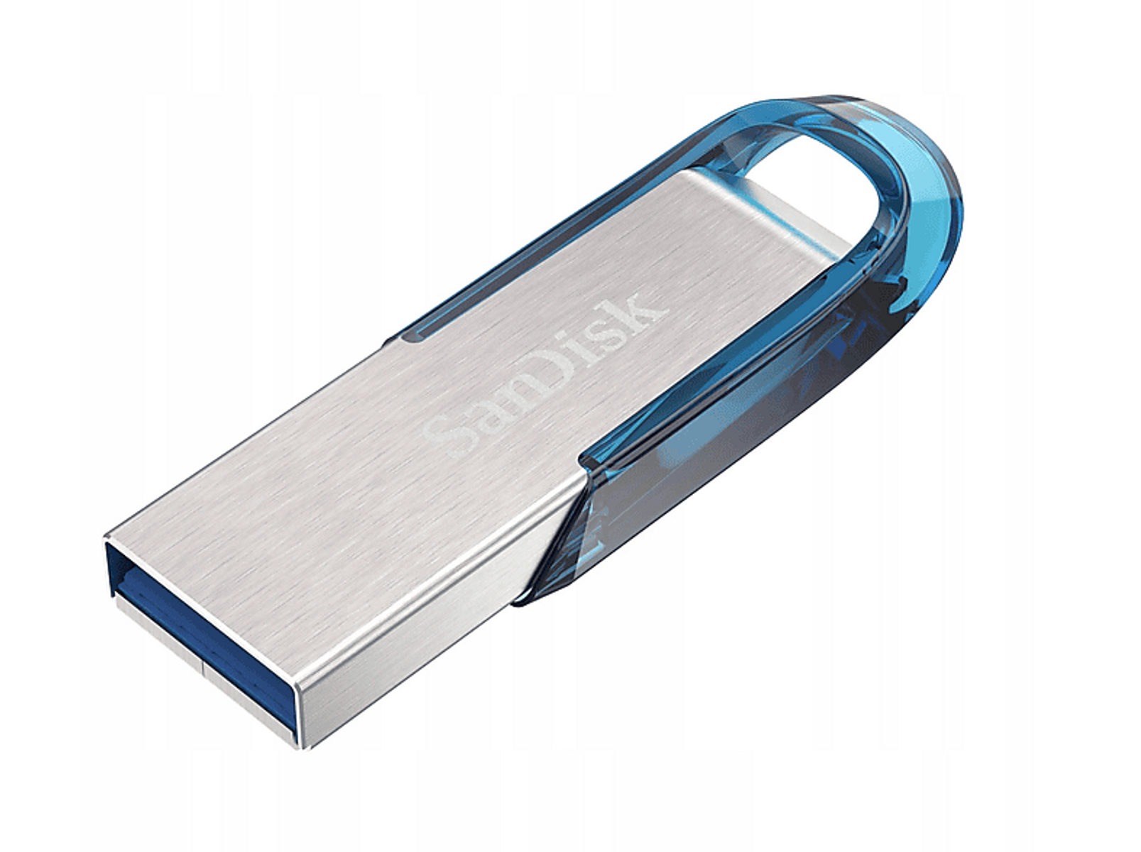 Srebrny i niebieski pendrive USB. 'SanDisk' jest wydrukowany na dysku.