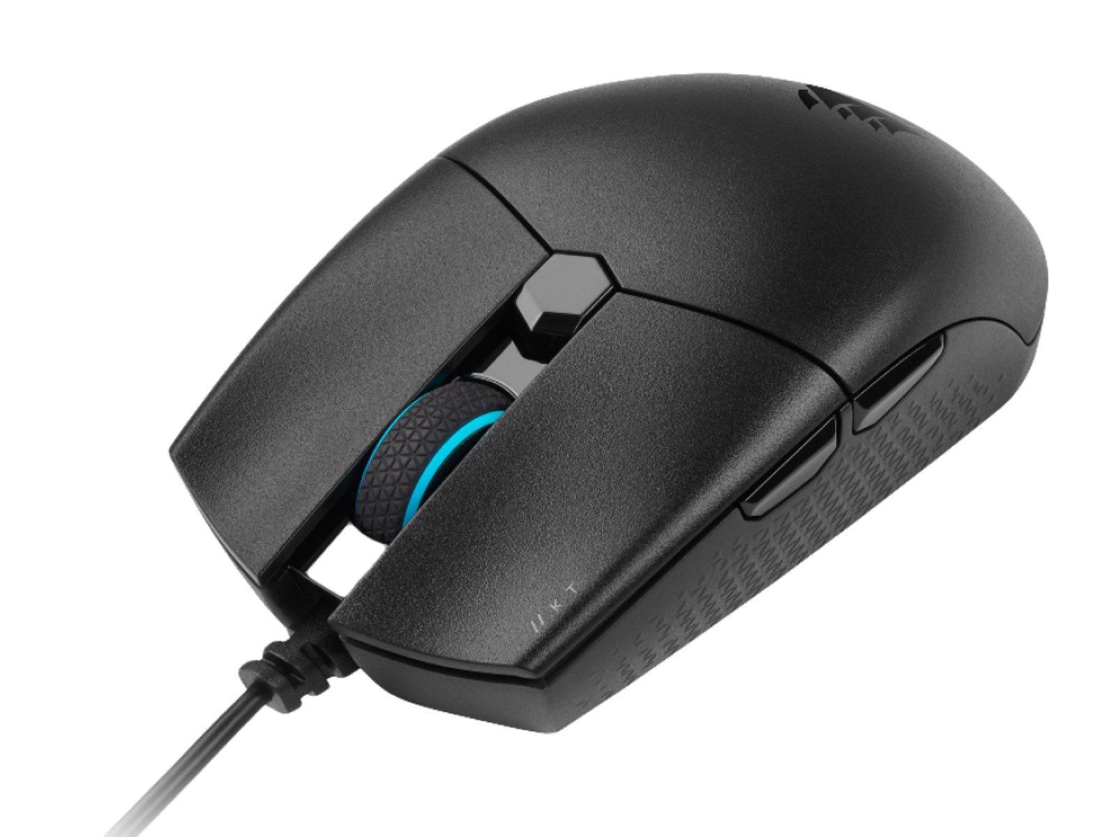 Czarna mysz gamingowa z niebieskim kółkiem przewijania. Design jest ergonomiczny.