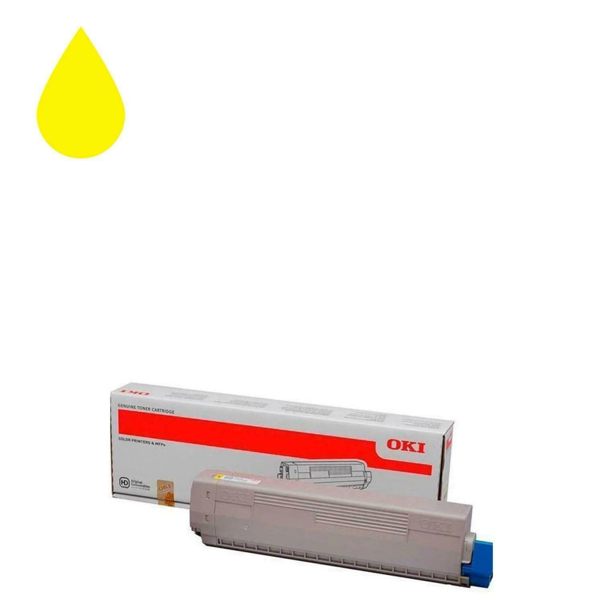 Żółta kropla atramentu nad wkładem i pudełkiem z tonerem OKI na białym tle.