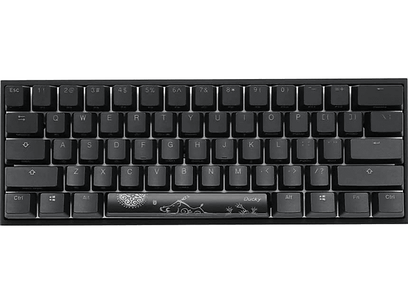 Schwarze mechanische Tastatur mit weißen Tastenbeschriftungen, Ducky-Logo und schwarzem Hintergrund.