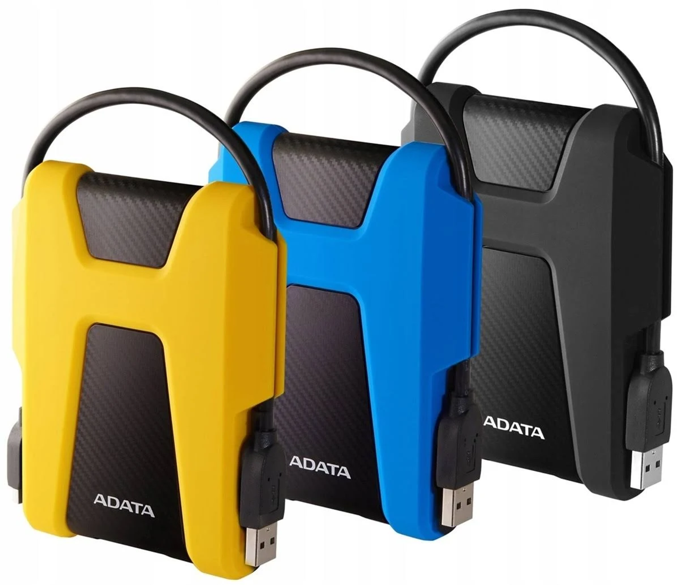 Trzy przenośne dyski twarde w kolorze żółtym, niebieskim i czarnym z marką ADATA i kablem USB.