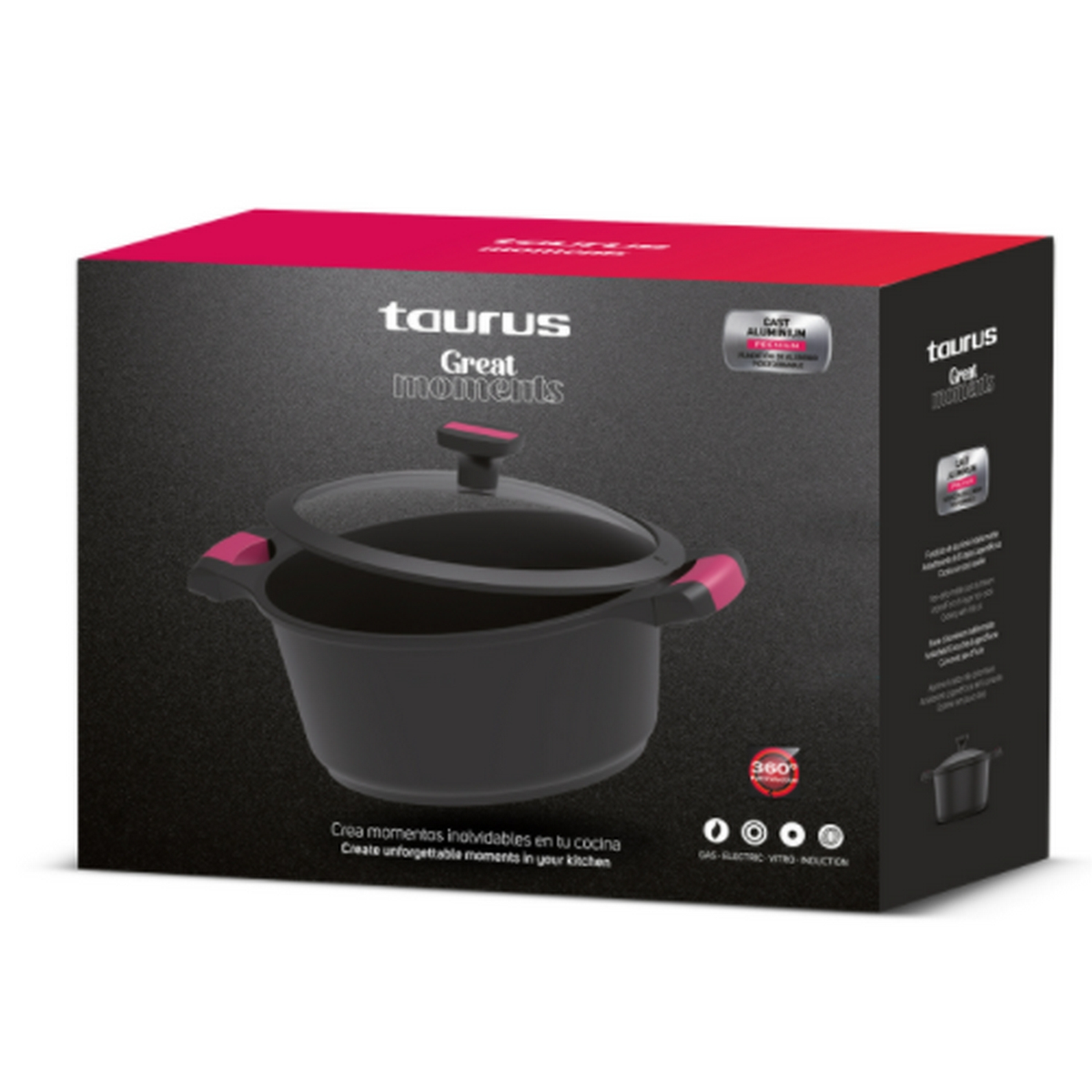Eine schwarze und rote Taurus 'Great Moments' Kochtopfschachtel. Hat ein Topfbild und Text 'Create unforgettable moments'.