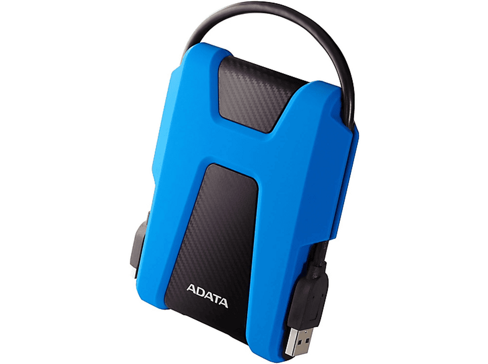 Niebieski i czarny zewnętrzny dysk twardy ADATA z uchwytem.