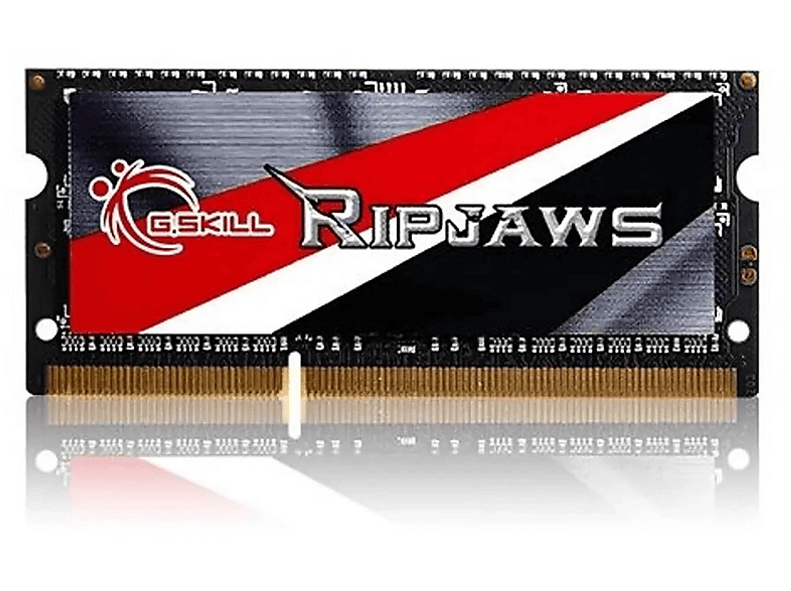 G.Skill Ripjaws RAM-Modul. Rotes und schwarzes Design mit weißem Text. Goldene Pins.