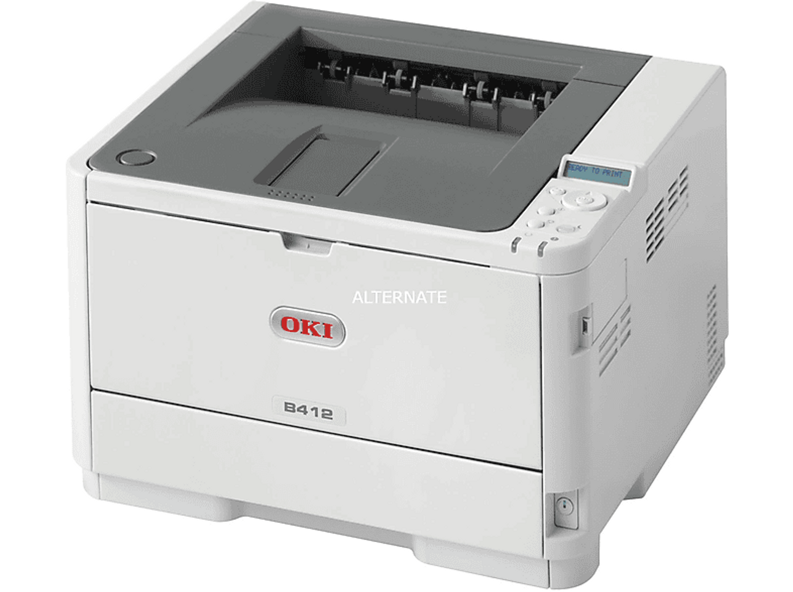 Biała drukarka OKI B412, widok z boku, z szarą górą i panelem sterowania.