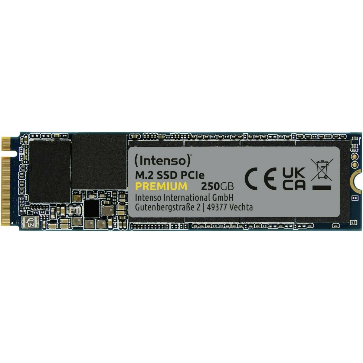 M.2 SSD PCIe PREMIUM 250GB. Czarno-niebieska płytka drukowana z białą etykietą.
